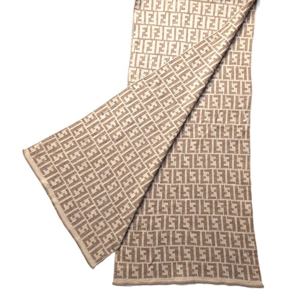 Vintage FENDI Light Beige & Cream Monogram Print Scarf - Picture 1 of 10